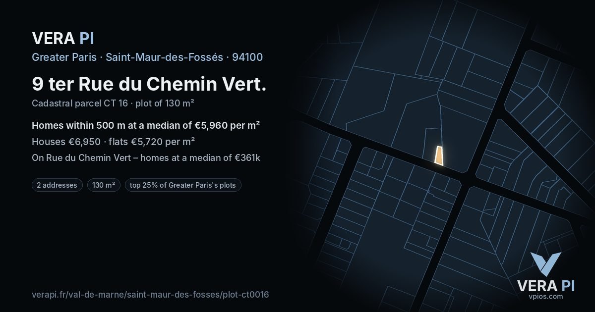9 ter Rue du Chemin Vert, Saint-Maur-des-Fossés at night – the plot lit, the parcels around coloured by the prices near them