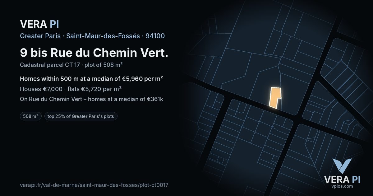 9 bis Rue du Chemin Vert, Saint-Maur-des-Fossés at night – the plot lit, the parcels around coloured by the prices near them