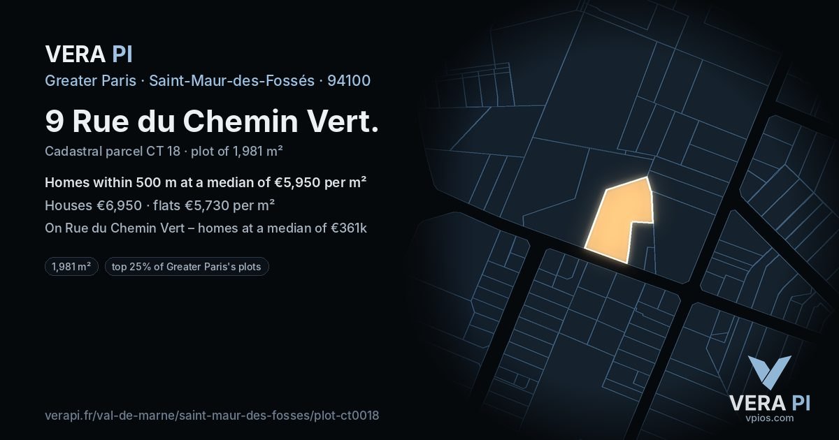9 Rue du Chemin Vert, Saint-Maur-des-Fossés at night – the plot lit, the parcels around coloured by the prices near them