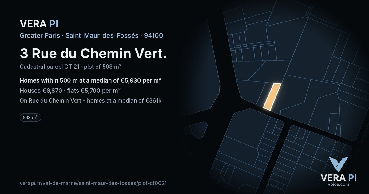 3 Rue du Chemin Vert, Saint-Maur-des-Fossés at night – the plot lit, the parcels around coloured by the prices near them