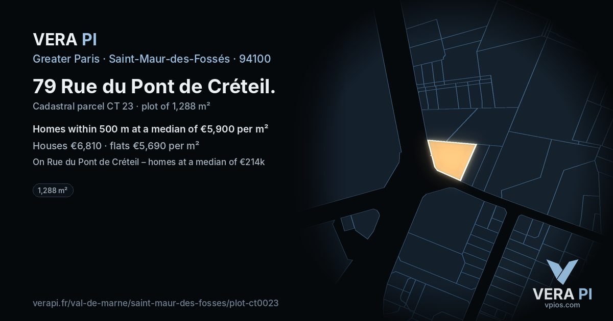 79 Rue du Pont de Créteil, Saint-Maur-des-Fossés at night – the plot lit, the parcels around coloured by the prices near them