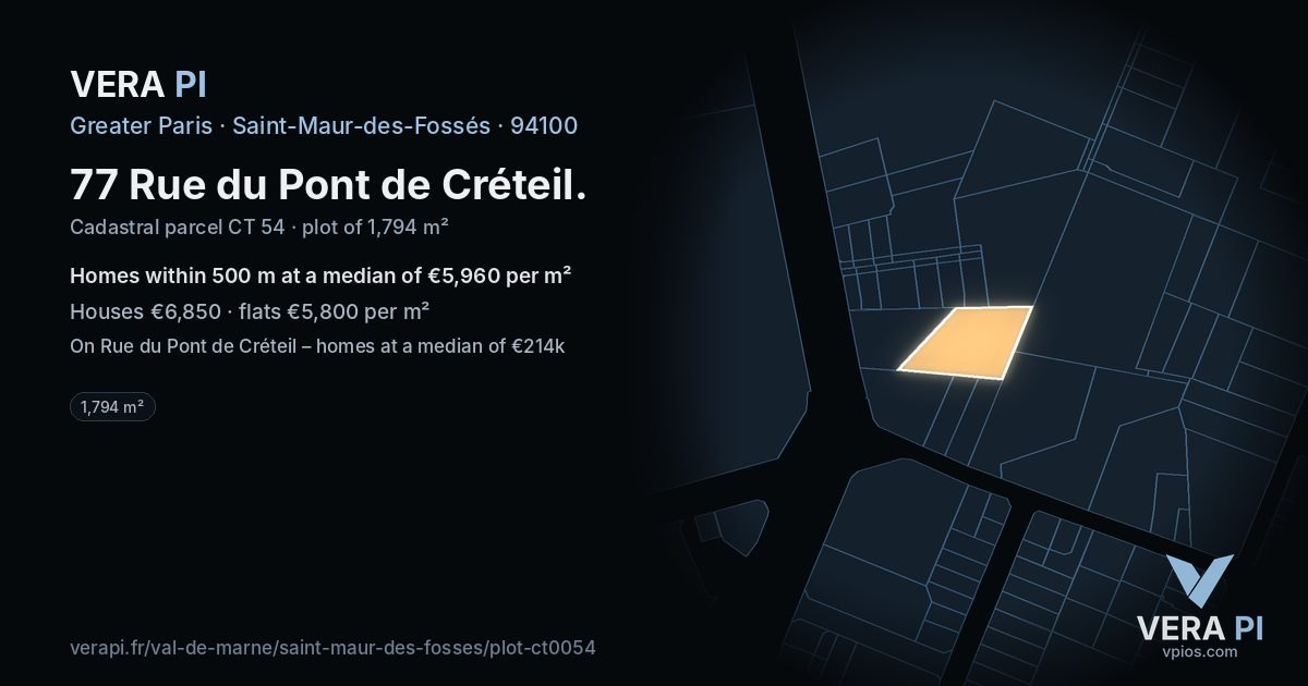 77 Rue du Pont de Créteil, Saint-Maur-des-Fossés at night – the plot lit, the parcels around coloured by the prices near them