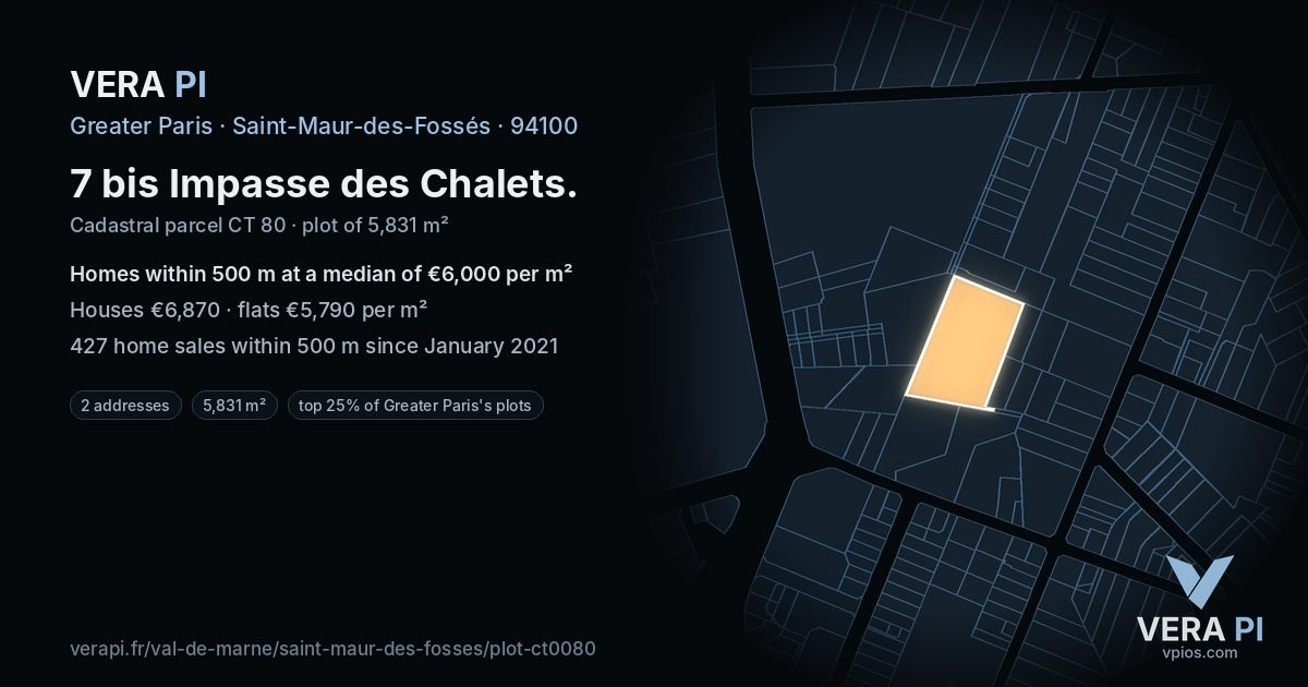 7 bis Impasse des Chalets, Saint-Maur-des-Fossés at night – the plot lit, the parcels around coloured by the prices near them