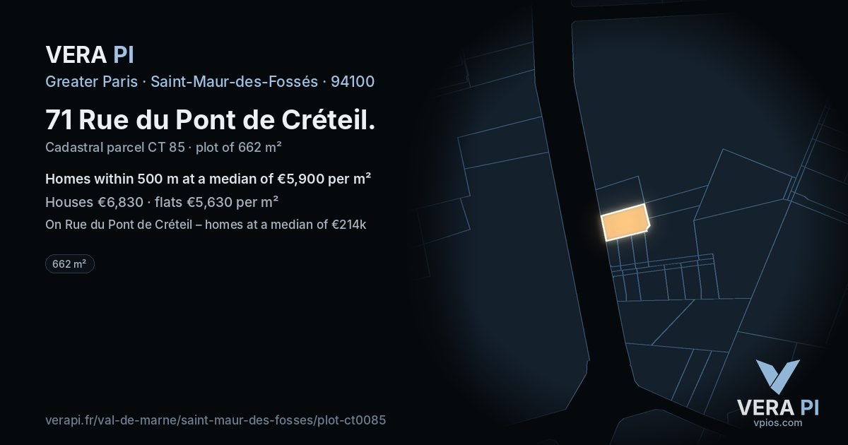 71 Rue du Pont de Créteil, Saint-Maur-des-Fossés at night – the plot lit, the parcels around coloured by the prices near them