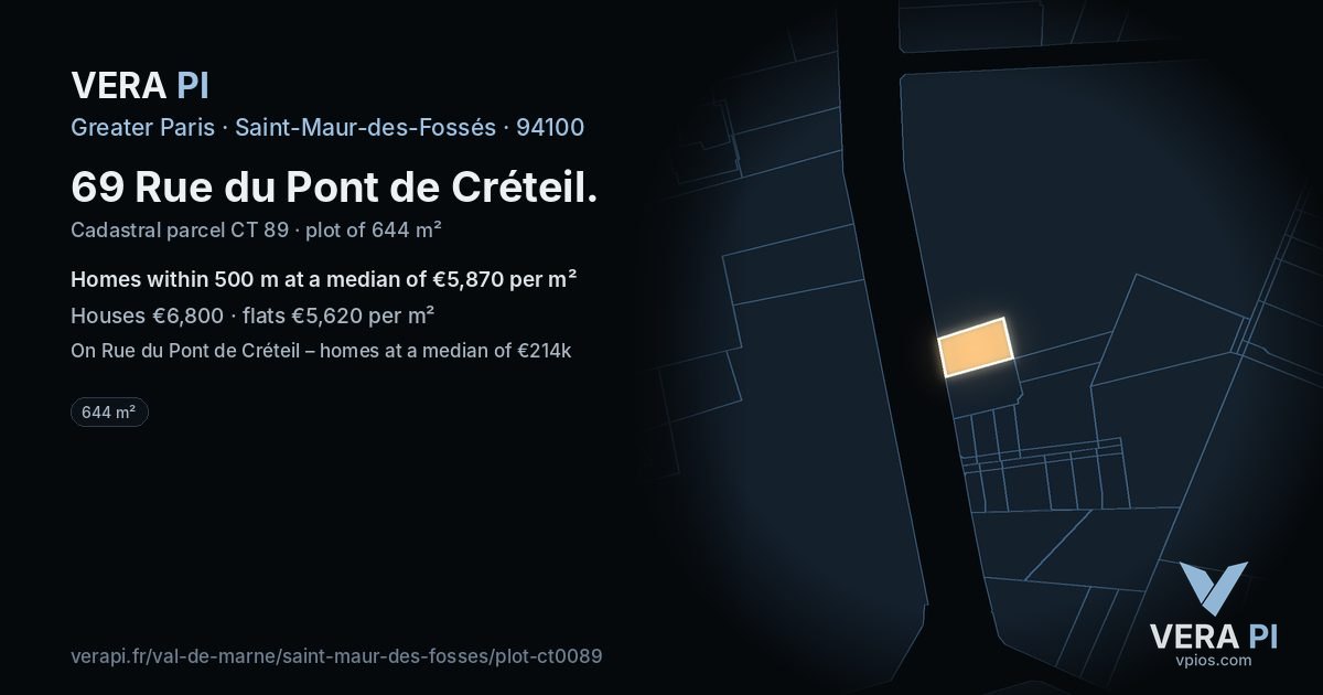 69 Rue du Pont de Créteil, Saint-Maur-des-Fossés at night – the plot lit, the parcels around coloured by the prices near them