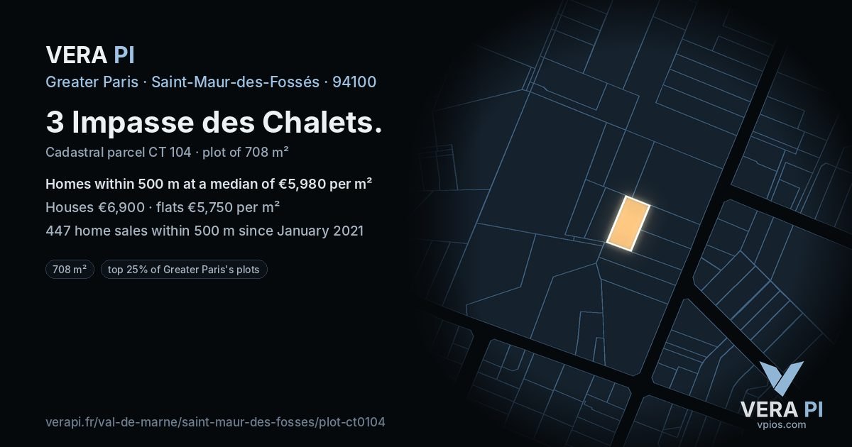 3 Impasse des Chalets, Saint-Maur-des-Fossés at night – the plot lit, the parcels around coloured by the prices near them