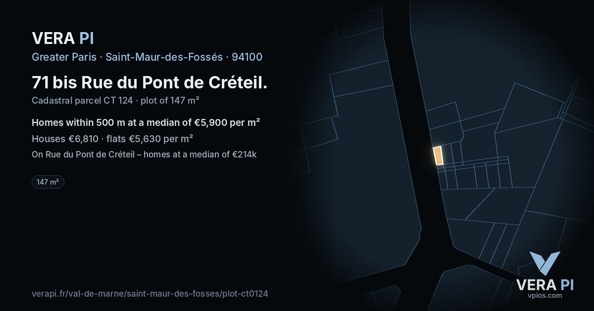 71 bis Rue du Pont de Créteil, Saint-Maur-des-Fossés at night – the plot lit, the parcels around coloured by the prices near them