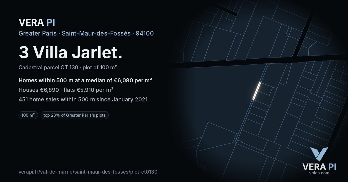 3 Villa Jarlet, Saint-Maur-des-Fossés at night – the plot lit, the parcels around coloured by the prices near them