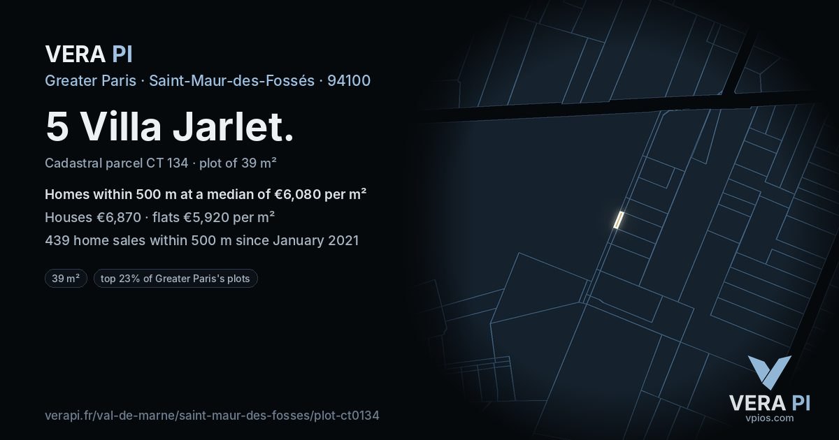 5 Villa Jarlet, Saint-Maur-des-Fossés at night – the plot lit, the parcels around coloured by the prices near them