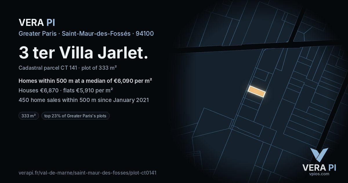 3 ter Villa Jarlet, Saint-Maur-des-Fossés at night – the plot lit, the parcels around coloured by the prices near them