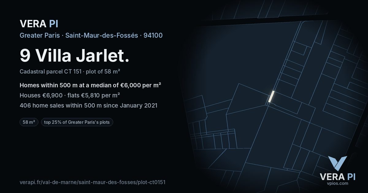9 Villa Jarlet, Saint-Maur-des-Fossés at night – the plot lit, the parcels around coloured by the prices near them