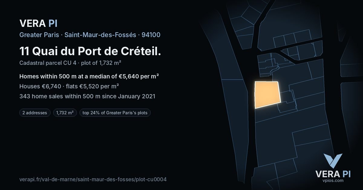 11 Quai du Port de Créteil, Saint-Maur-des-Fossés at night – the plot lit, the parcels around coloured by the prices near them