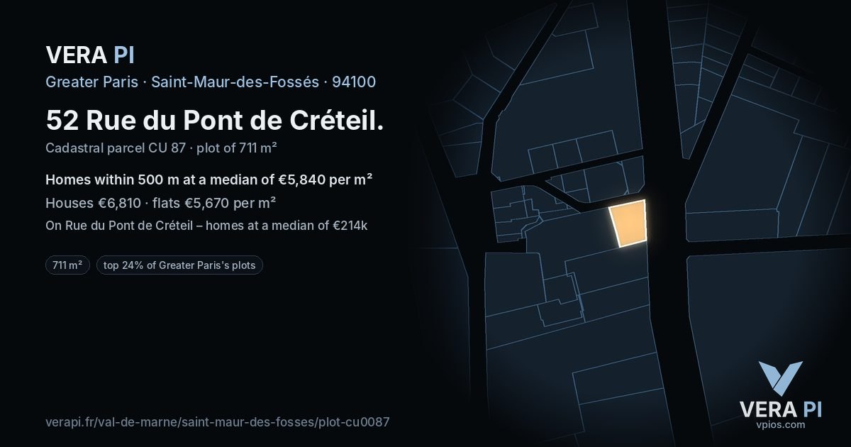 52 Rue du Pont de Créteil, Saint-Maur-des-Fossés at night – the plot lit, the parcels around coloured by the prices near them