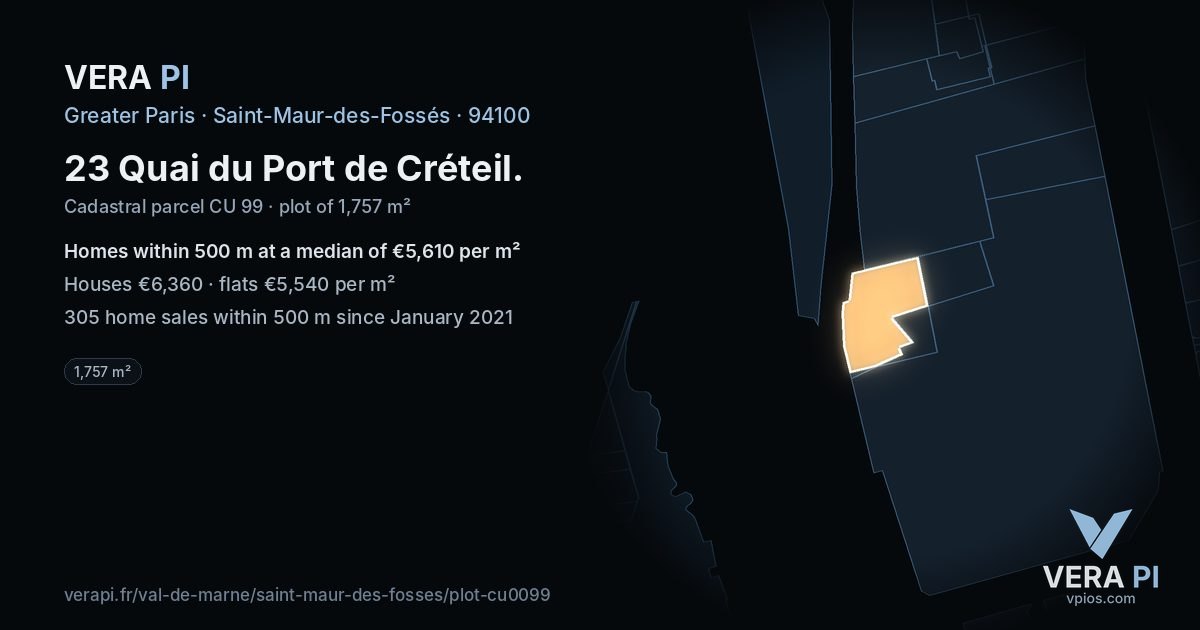 23 Quai du Port de Créteil, Saint-Maur-des-Fossés at night – the plot lit, the parcels around coloured by the prices near them