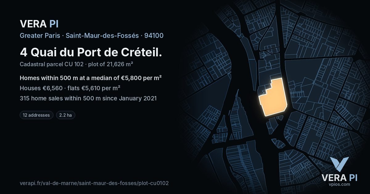4 Quai du Port de Créteil, Saint-Maur-des-Fossés at night – the plot lit, the parcels around coloured by the prices near them