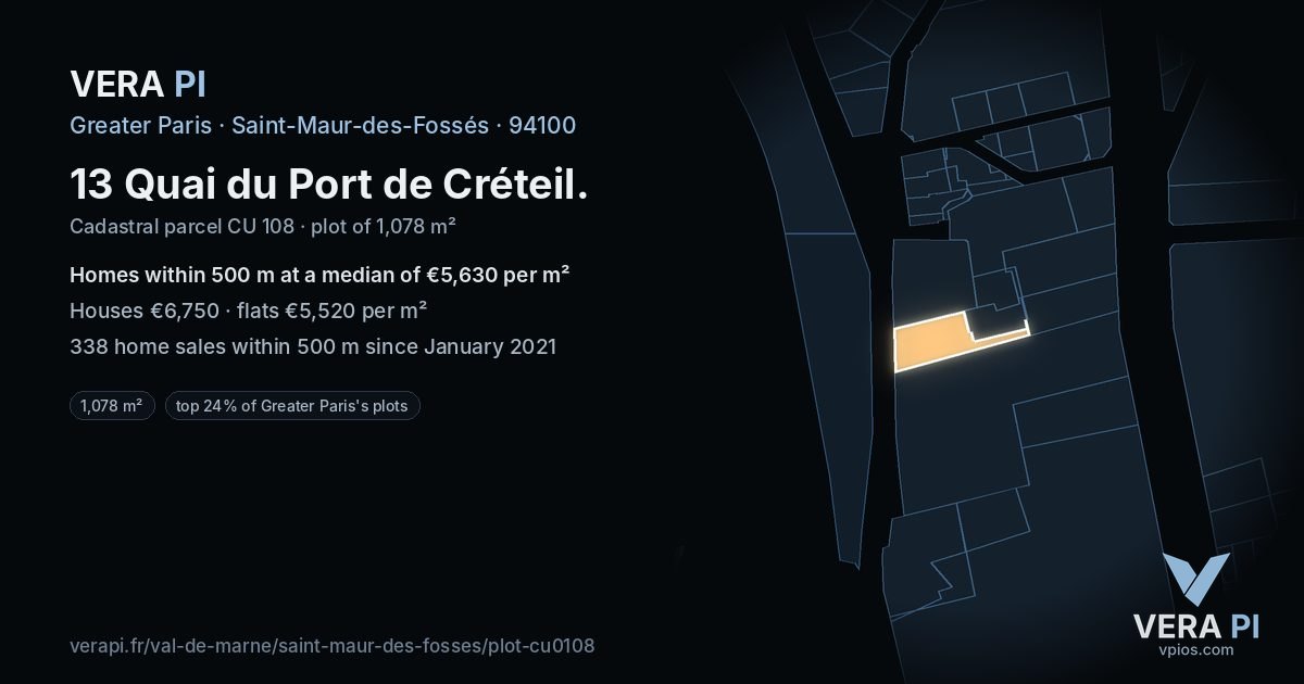 13 Quai du Port de Créteil, Saint-Maur-des-Fossés at night – the plot lit, the parcels around coloured by the prices near them