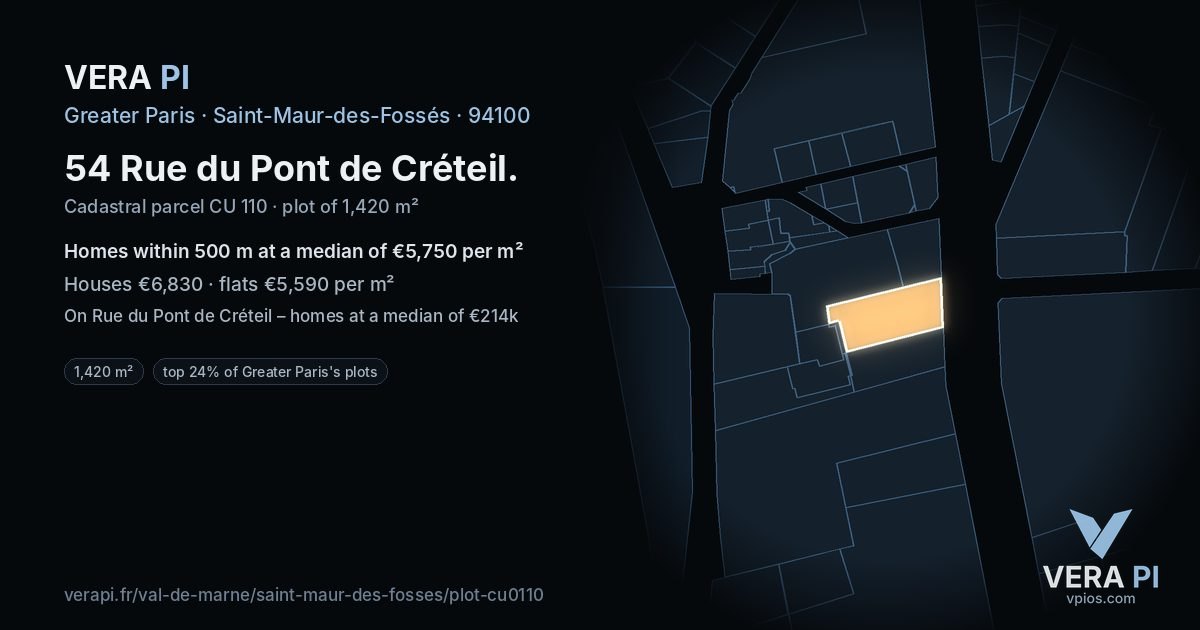 54 Rue du Pont de Créteil, Saint-Maur-des-Fossés at night – the plot lit, the parcels around coloured by the prices near them