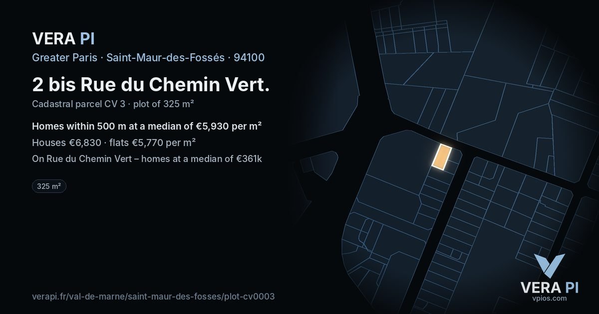 2 bis Rue du Chemin Vert, Saint-Maur-des-Fossés at night – the plot lit, the parcels around coloured by the prices near them