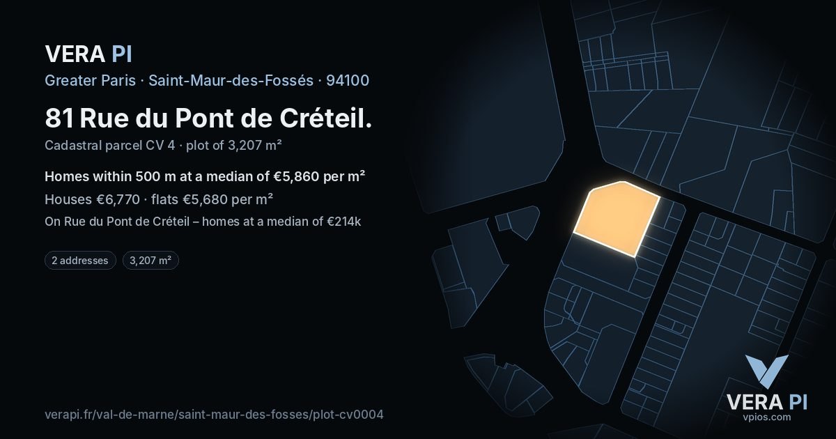 81 Rue du Pont de Créteil, Saint-Maur-des-Fossés at night – the plot lit, the parcels around coloured by the prices near them