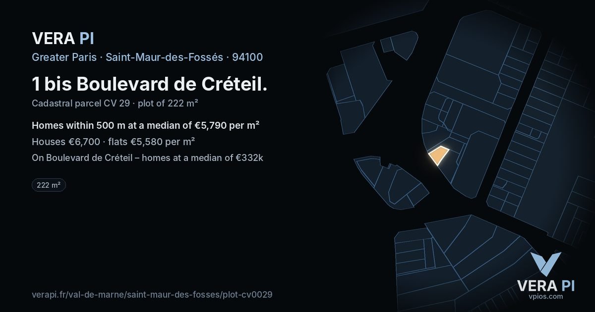 1 bis Boulevard de Créteil, Saint-Maur-des-Fossés at night – the plot lit, the parcels around coloured by the prices near them