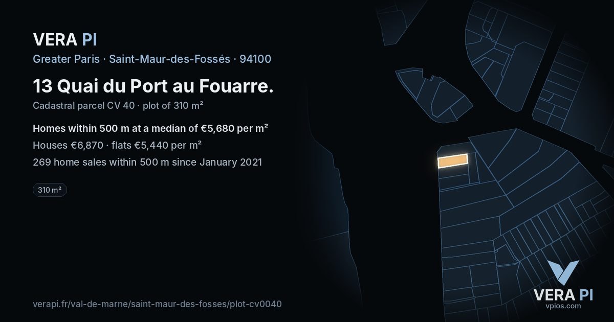 13 Quai du Port au Fouarre, Saint-Maur-des-Fossés at night – the plot lit, the parcels around coloured by the prices near them