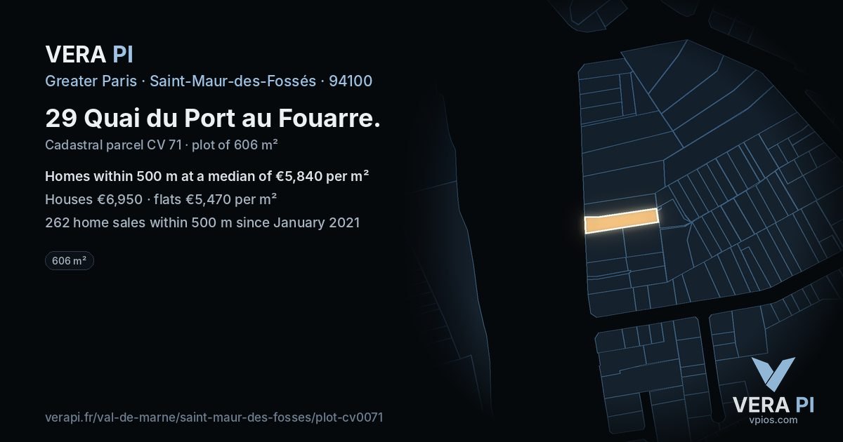 29 Quai du Port au Fouarre, Saint-Maur-des-Fossés at night – the plot lit, the parcels around coloured by the prices near them