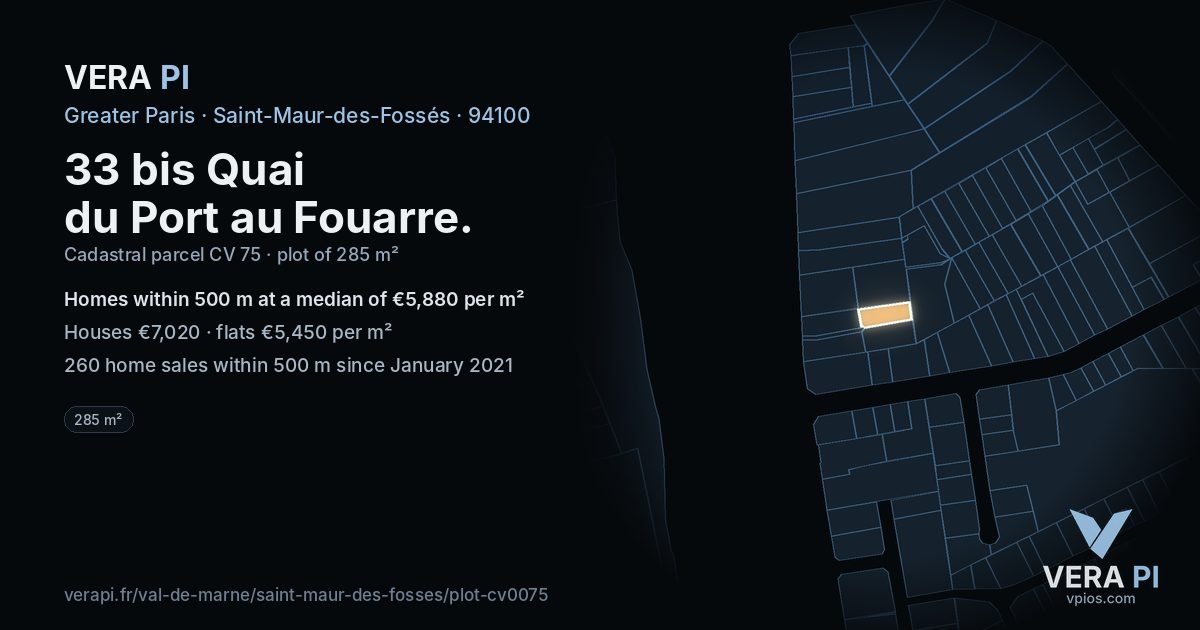 33 bis Quai du Port au Fouarre, Saint-Maur-des-Fossés at night – the plot lit, the parcels around coloured by the prices near them