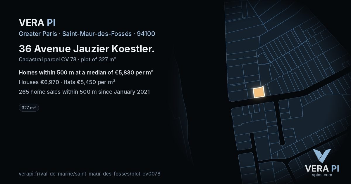 36 Avenue Jauzier Koestler, Saint-Maur-des-Fossés at night – the plot lit, the parcels around coloured by the prices near them