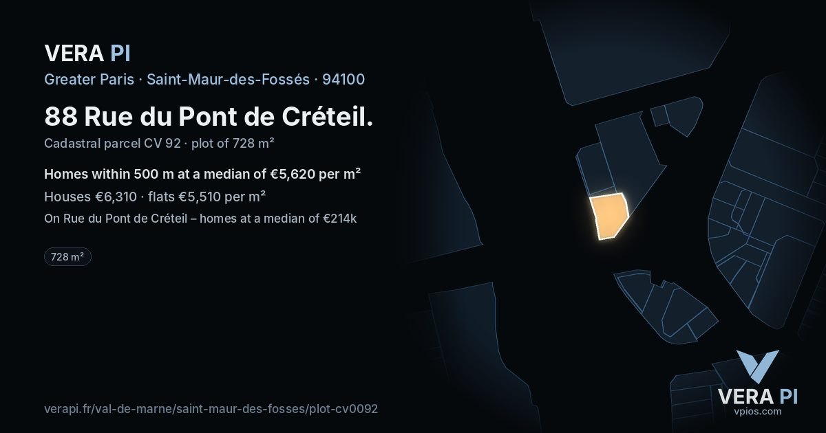 88 Rue du Pont de Créteil, Saint-Maur-des-Fossés at night – the plot lit, the parcels around coloured by the prices near them