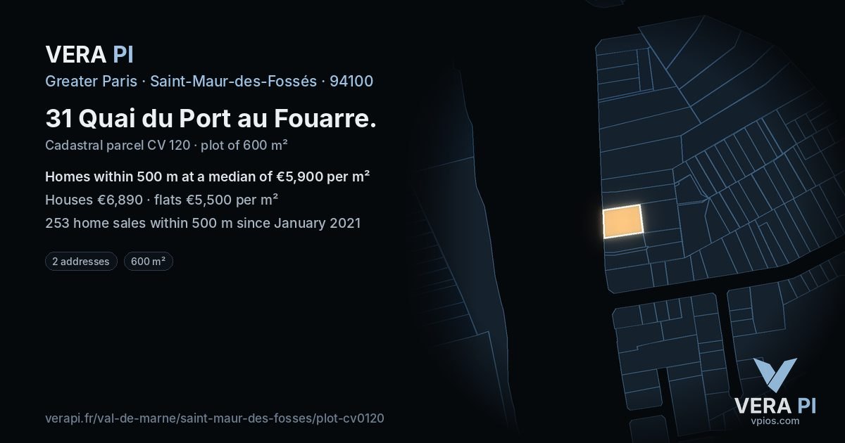 31 Quai du Port au Fouarre, Saint-Maur-des-Fossés at night – the plot lit, the parcels around coloured by the prices near them