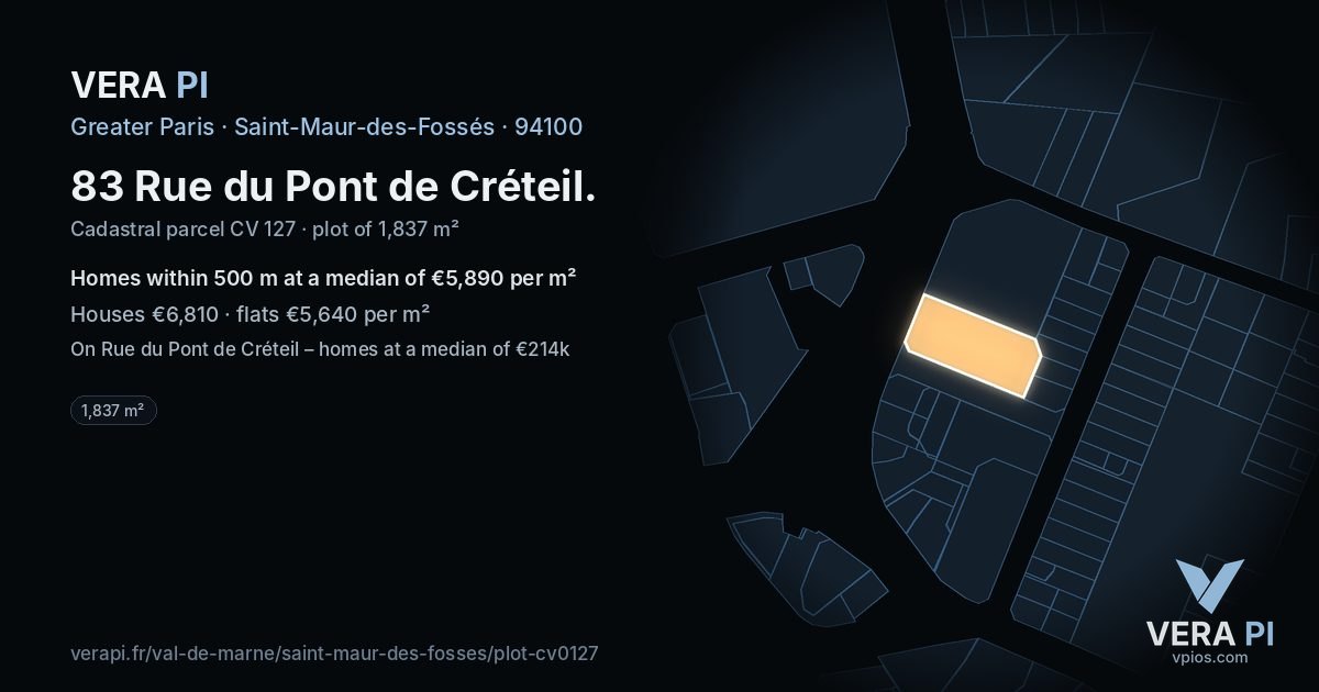 83 Rue du Pont de Créteil, Saint-Maur-des-Fossés at night – the plot lit, the parcels around coloured by the prices near them