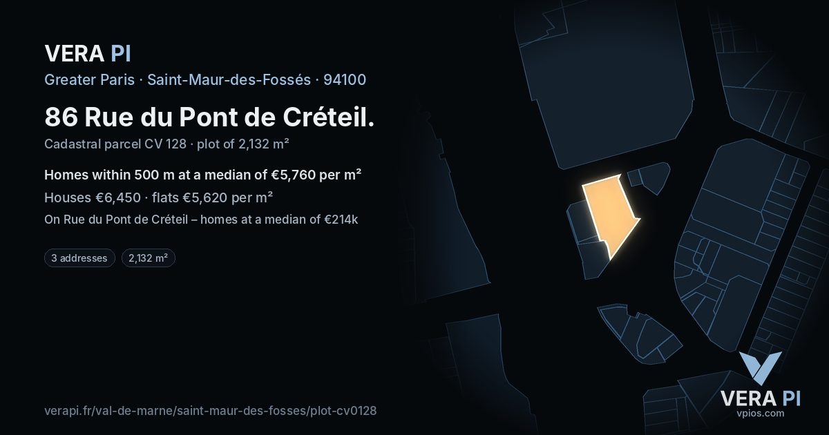 86 Rue du Pont de Créteil, Saint-Maur-des-Fossés at night – the plot lit, the parcels around coloured by the prices near them
