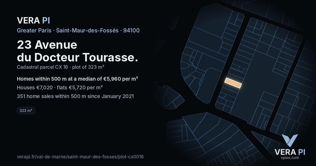 23 Avenue du Docteur Tourasse, Saint-Maur-des-Fossés at night – the plot lit, the parcels around coloured by the prices near them