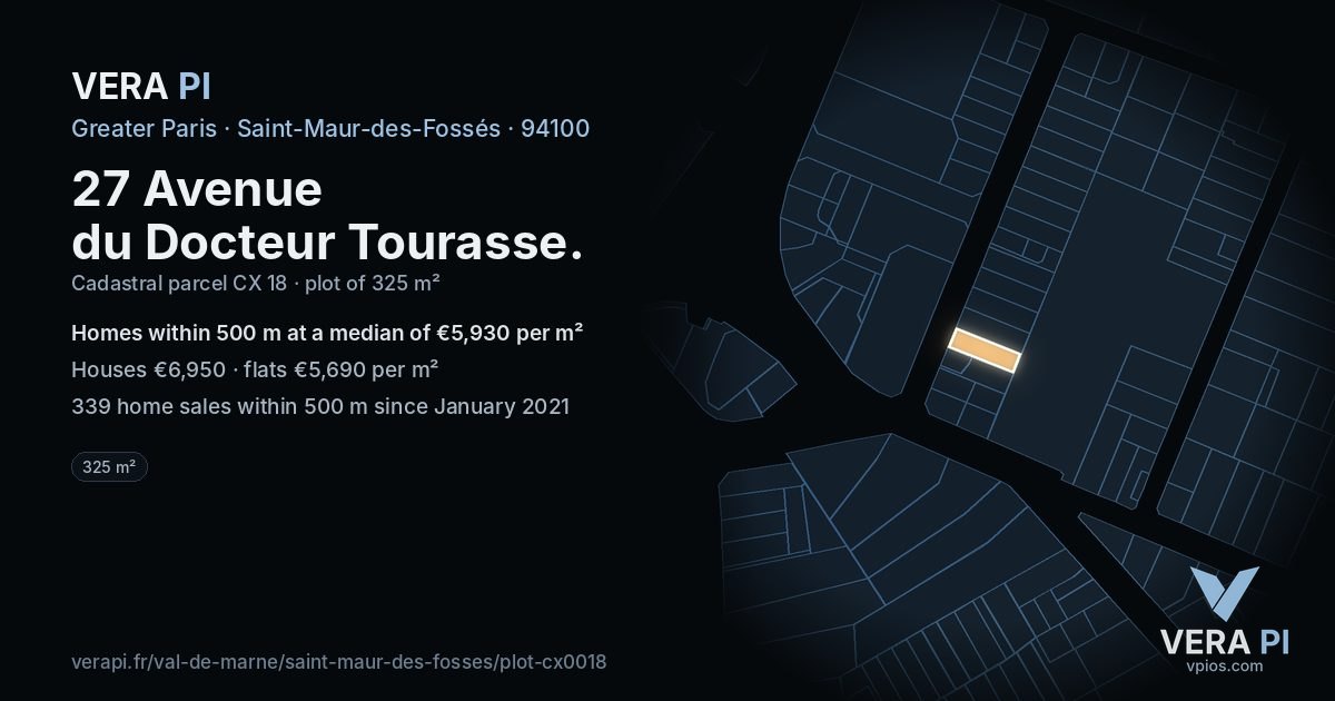 27 Avenue du Docteur Tourasse, Saint-Maur-des-Fossés at night – the plot lit, the parcels around coloured by the prices near them