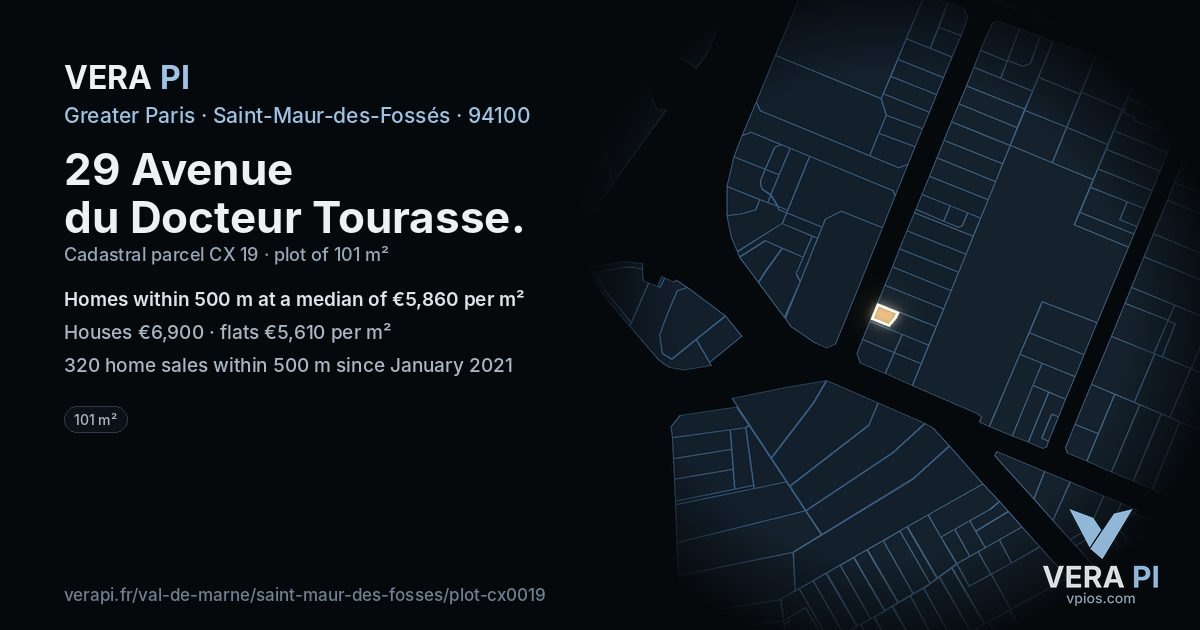 29 Avenue du Docteur Tourasse, Saint-Maur-des-Fossés at night – the plot lit, the parcels around coloured by the prices near them
