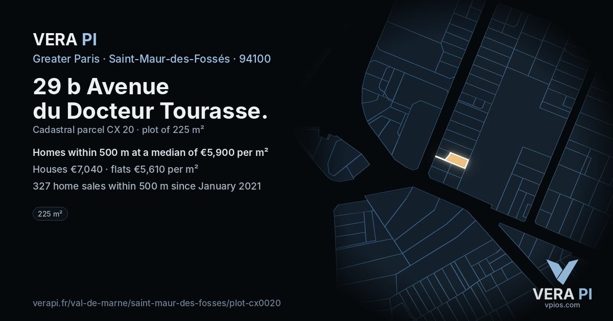 29 b Avenue du Docteur Tourasse, Saint-Maur-des-Fossés at night – the plot lit, the parcels around coloured by the prices near them