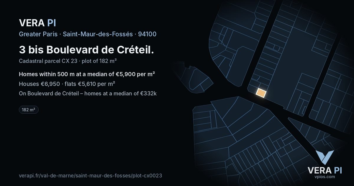 3 bis Boulevard de Créteil, Saint-Maur-des-Fossés at night – the plot lit, the parcels around coloured by the prices near them