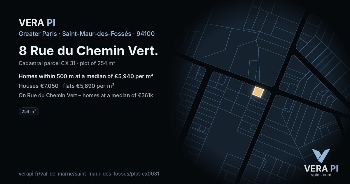 8 Rue du Chemin Vert, Saint-Maur-des-Fossés at night – the plot lit, the parcels around coloured by the prices near them
