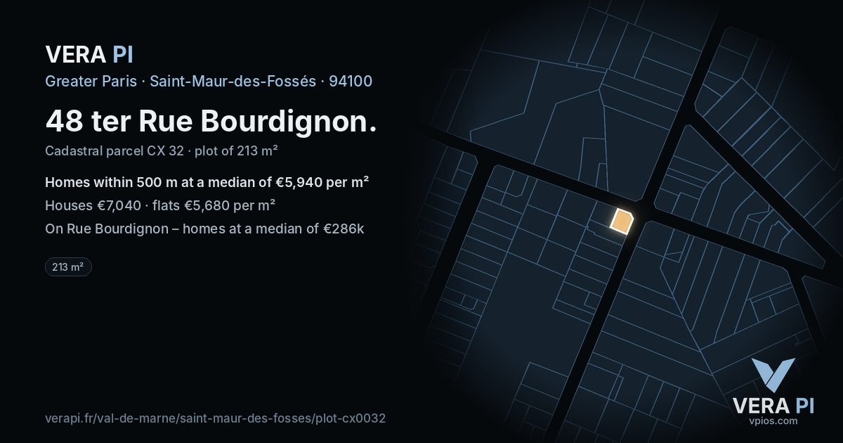 48 ter Rue Bourdignon, Saint-Maur-des-Fossés at night – the plot lit, the parcels around coloured by the prices near them