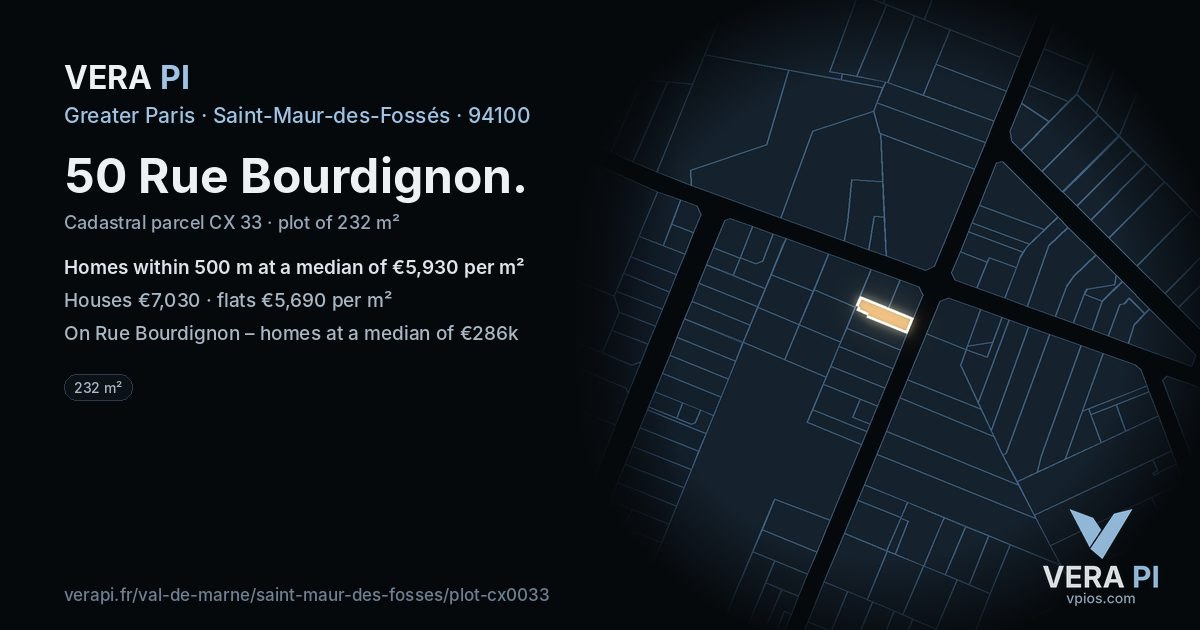 50 Rue Bourdignon, Saint-Maur-des-Fossés at night – the plot lit, the parcels around coloured by the prices near them