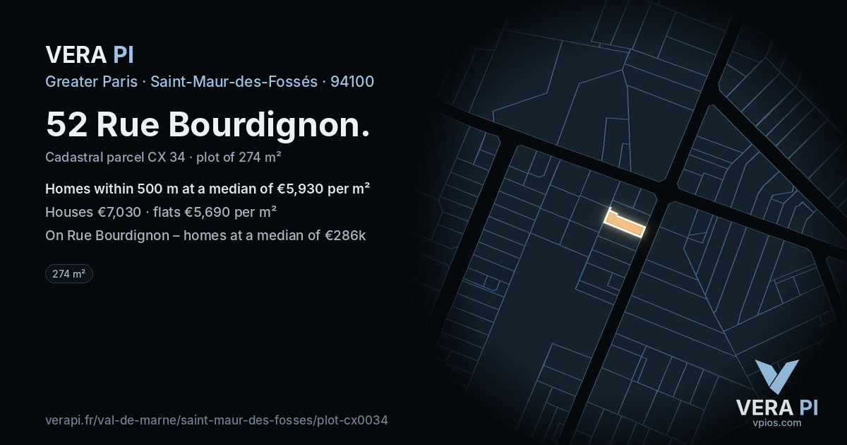 52 Rue Bourdignon, Saint-Maur-des-Fossés at night – the plot lit, the parcels around coloured by the prices near them