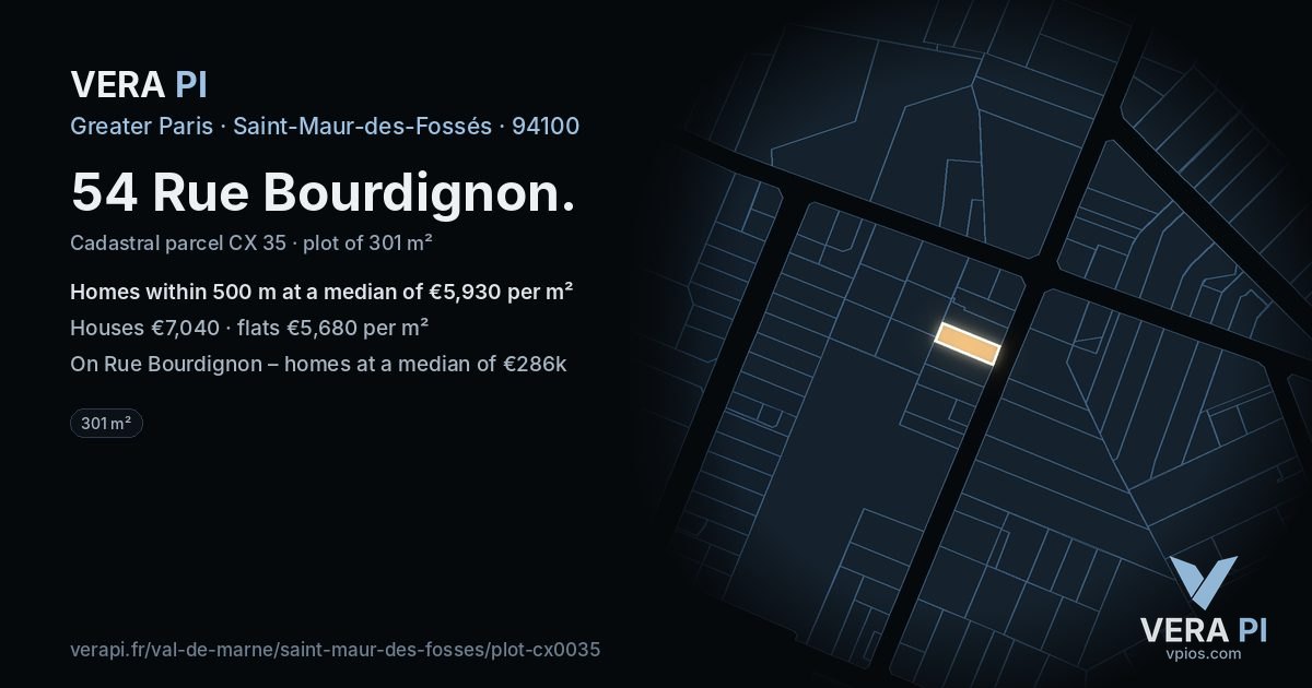 54 Rue Bourdignon, Saint-Maur-des-Fossés at night – the plot lit, the parcels around coloured by the prices near them