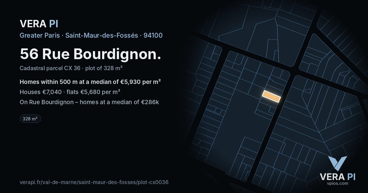 56 Rue Bourdignon, Saint-Maur-des-Fossés at night – the plot lit, the parcels around coloured by the prices near them