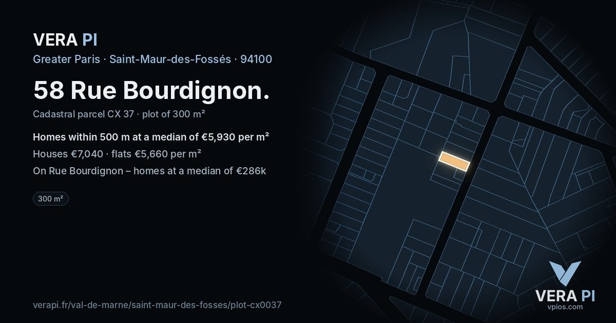 58 Rue Bourdignon, Saint-Maur-des-Fossés at night – the plot lit, the parcels around coloured by the prices near them