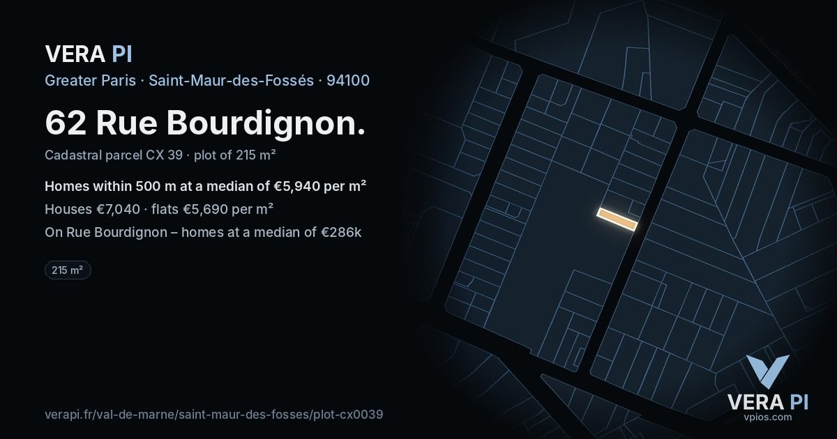 62 Rue Bourdignon, Saint-Maur-des-Fossés at night – the plot lit, the parcels around coloured by the prices near them