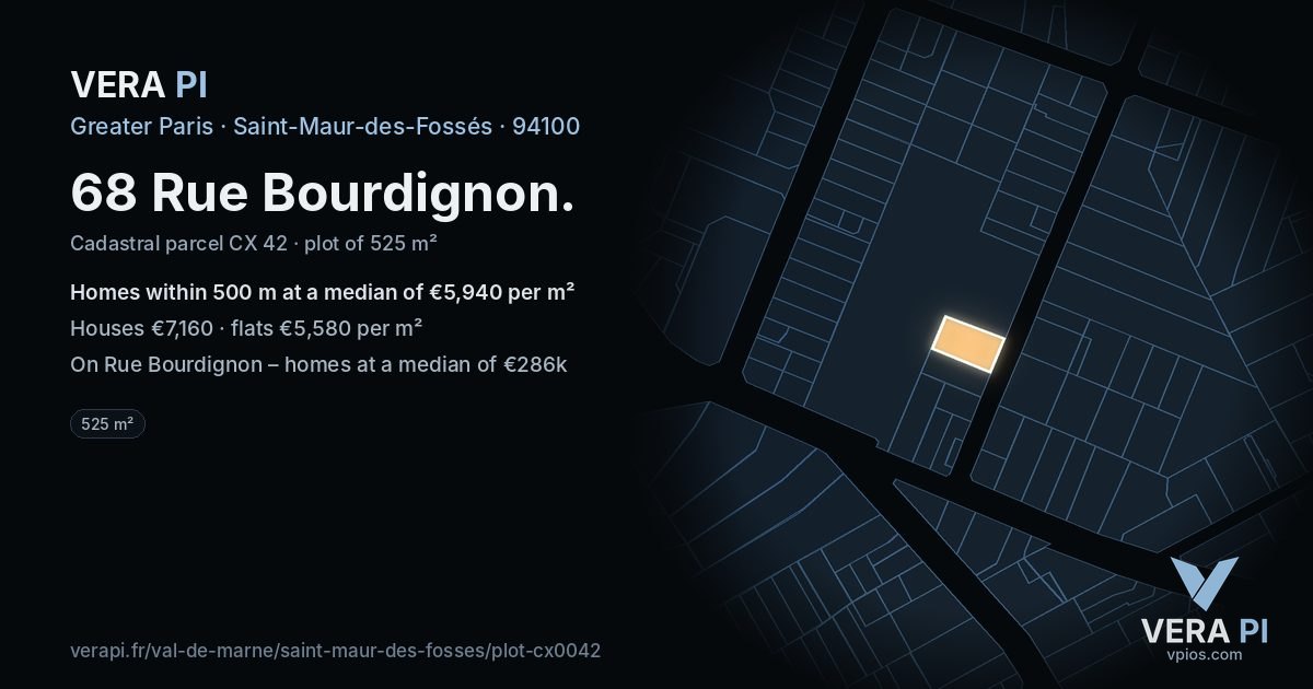 68 Rue Bourdignon, Saint-Maur-des-Fossés at night – the plot lit, the parcels around coloured by the prices near them