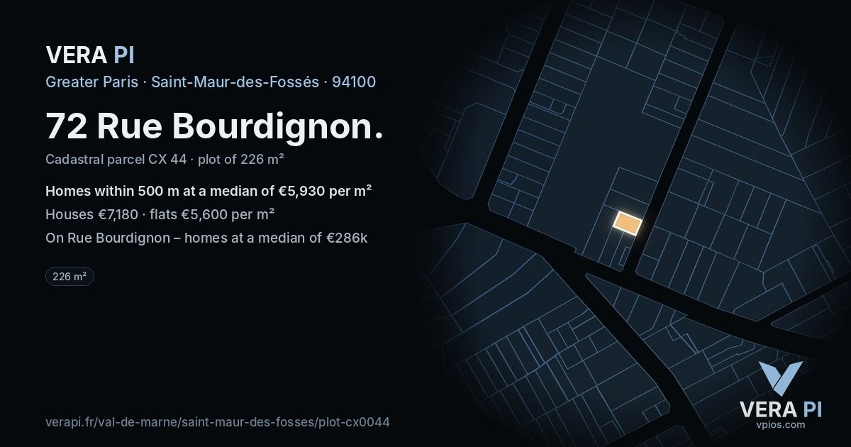 72 Rue Bourdignon, Saint-Maur-des-Fossés at night – the plot lit, the parcels around coloured by the prices near them