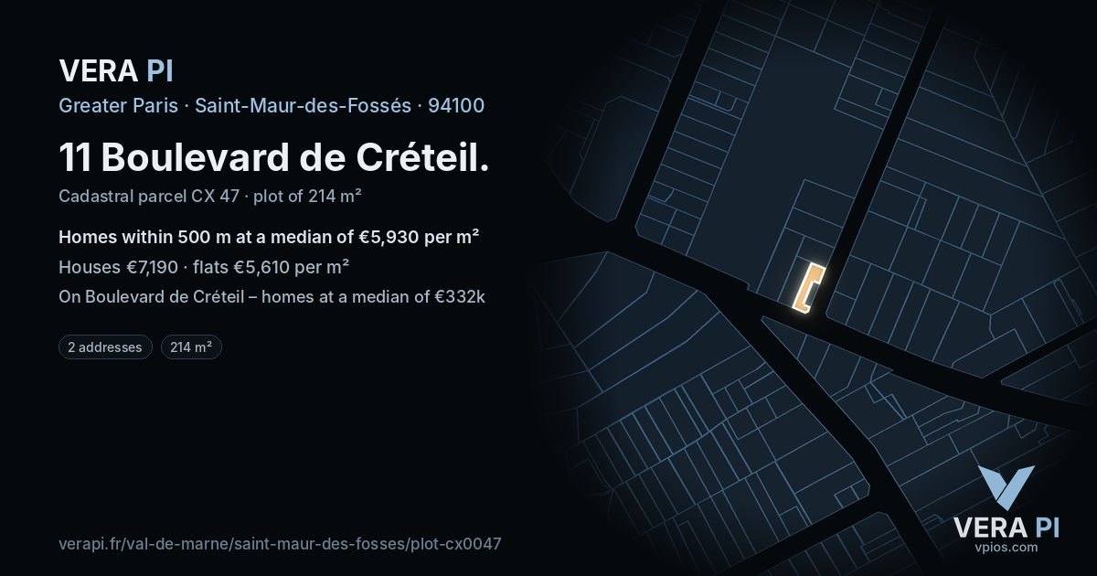 11 Boulevard de Créteil, Saint-Maur-des-Fossés at night – the plot lit, the parcels around coloured by the prices near them
