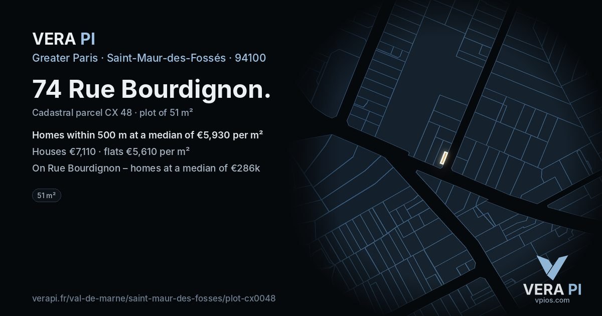 74 Rue Bourdignon, Saint-Maur-des-Fossés at night – the plot lit, the parcels around coloured by the prices near them