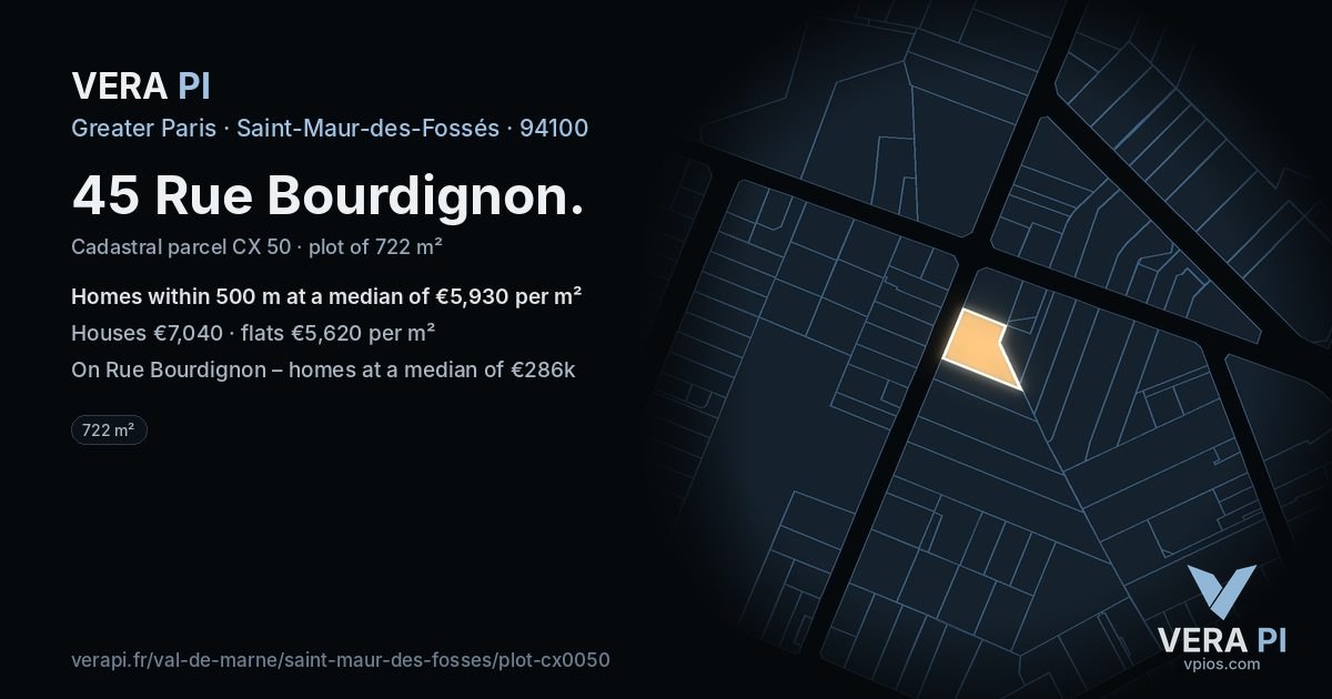 45 Rue Bourdignon, Saint-Maur-des-Fossés at night – the plot lit, the parcels around coloured by the prices near them